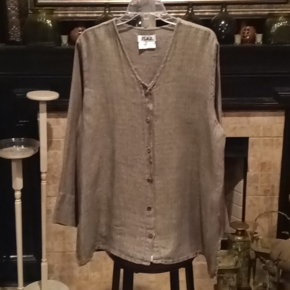 FINAL PRICE FLAX 100% linen l/s v-neck buttoned down blouse w side slits M - Picture 2 of 16